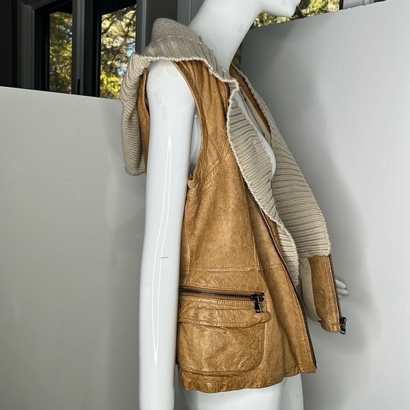 Jakett New York Sz M Tan Leather Vest Jacket with Detachable Knit Sweater Hood - Picture 4 of 9